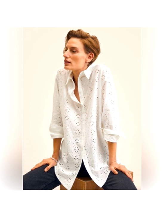 Mango Tops - NWT MANGO (MNG) CAMISA Oversized White Eyelet Button Down Shirt Size 4 #0029